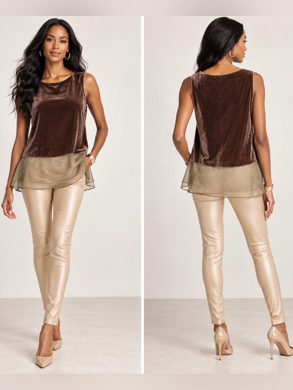 Tristan & Iseut Brown Velvet Camisole with Sheer Cream Hem